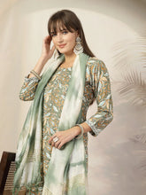 Women's Green Tropical Printed Cotton Blend Straight Kurta Pant Dupatta Set-KPDGREENTAANI